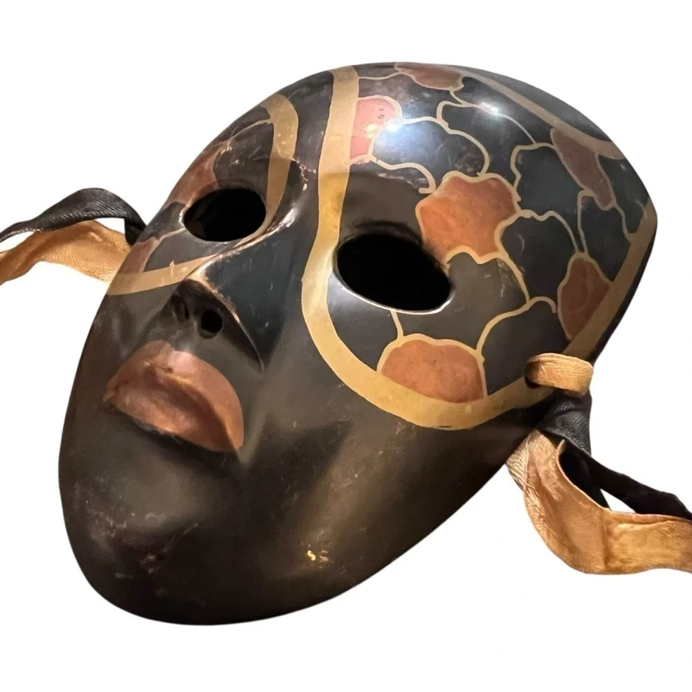 Vintage Brass Hand-Painted Masquerade Mardi Gras Theatre Mask Boho Wall Art Boho